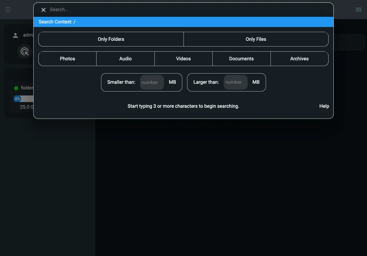 Tìm kiếm file nhanh chóng với FileBrowser Quantum, giao diện hiển thị kết quả lọc theo loại tệp tin và kích thước.