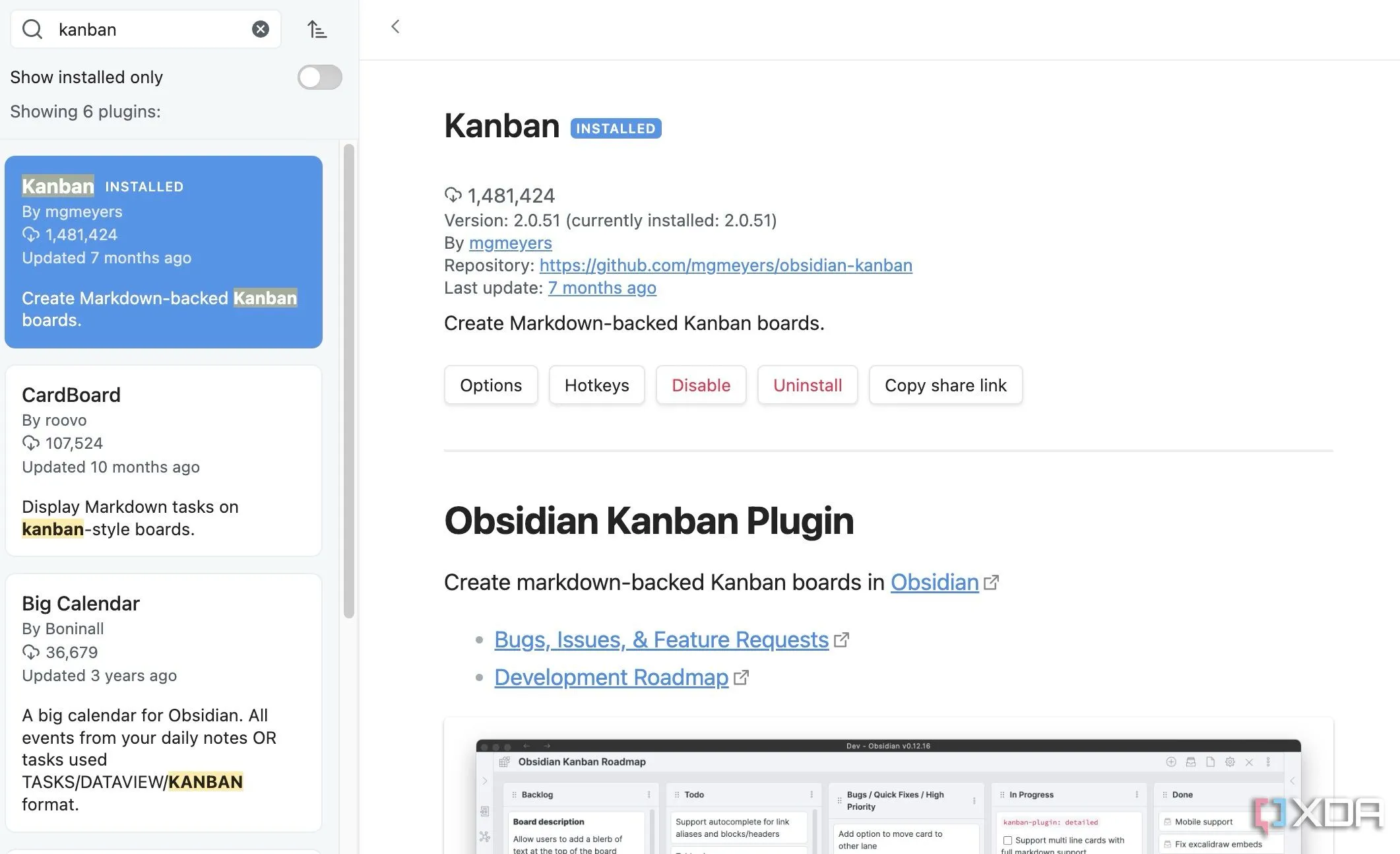 Tìm kiếm và cài đặt plugin Kanban từ kho tiện ích cộng đồng của Obsidian