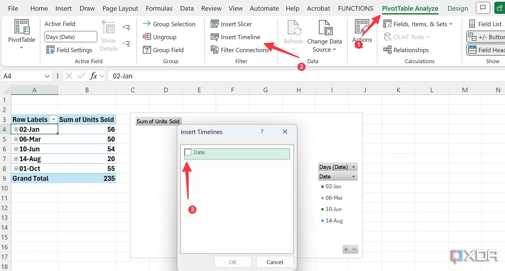 Tính năng Insert Timeline trong PivotTable Analyze của Excel để thêm bộ lọc thời gian tương tác