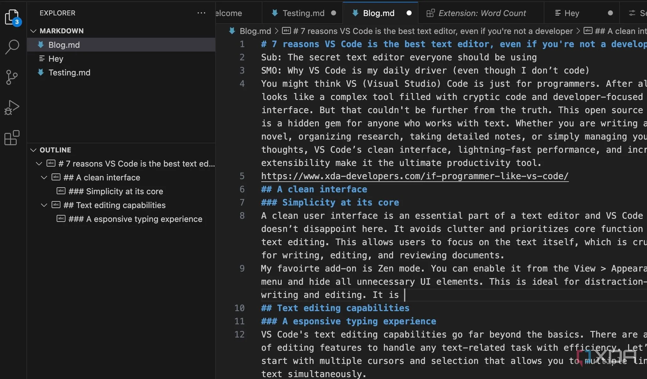 Tính năng Outline View trong VS Code hiển thị cấu trúc tiêu đề của tài liệu Markdown