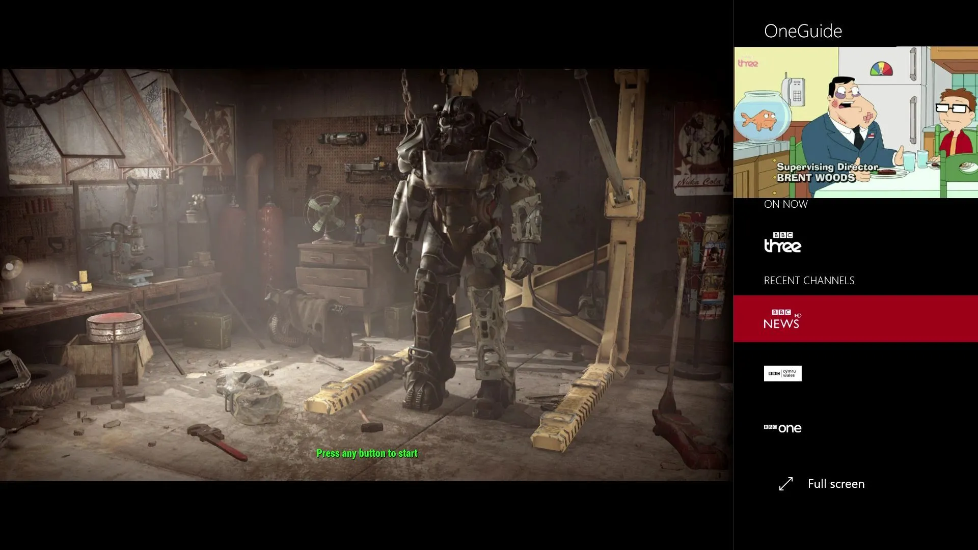 Tính năng Snap của Xbox One hiển thị game Fallout 4 và ứng dụng American Dad cùng lúc trên màn hình