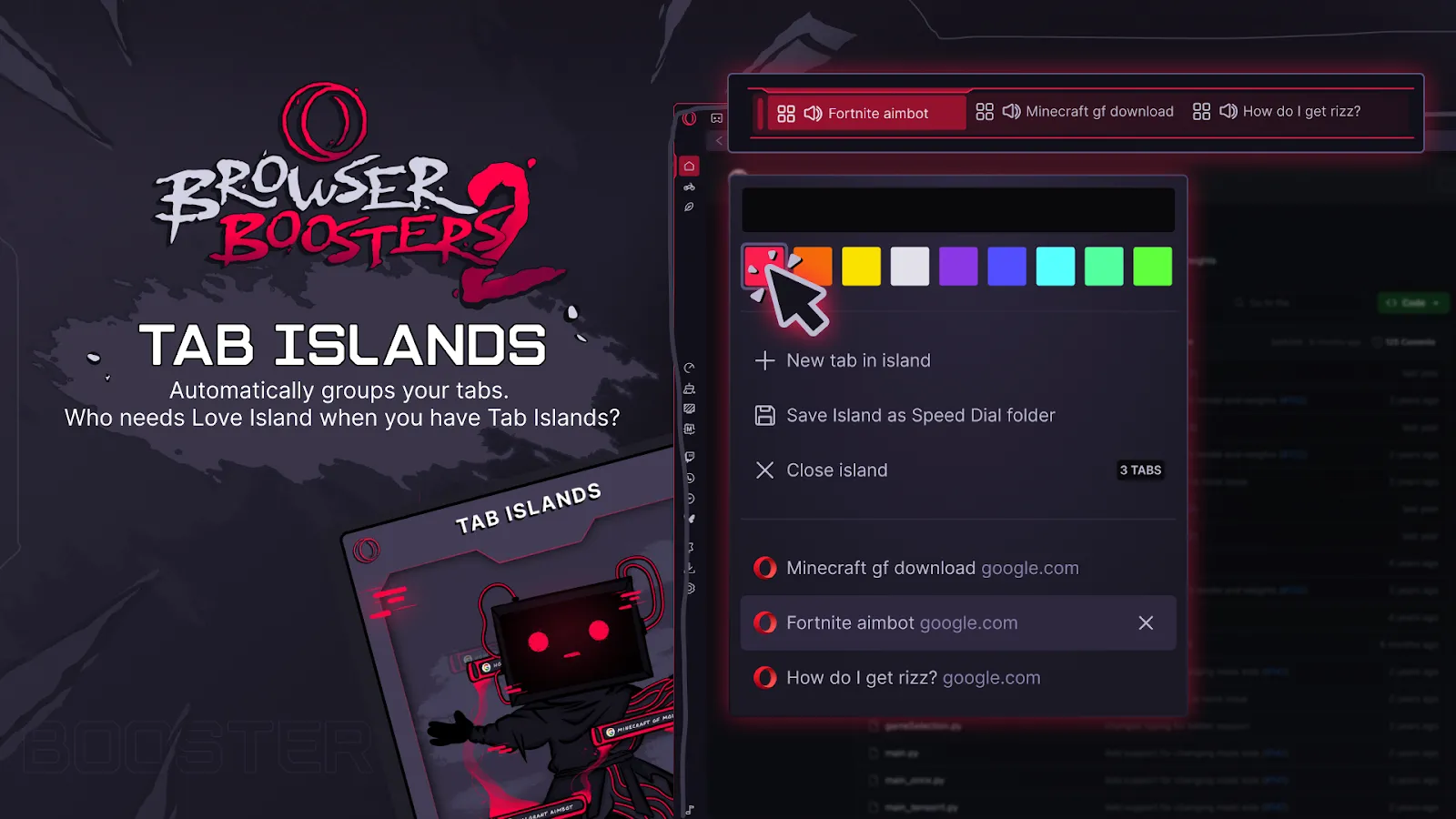 Tính năng Tab Islands của Opera GX giúp nhóm các tab liên quan lại với nhau để dễ quản lý