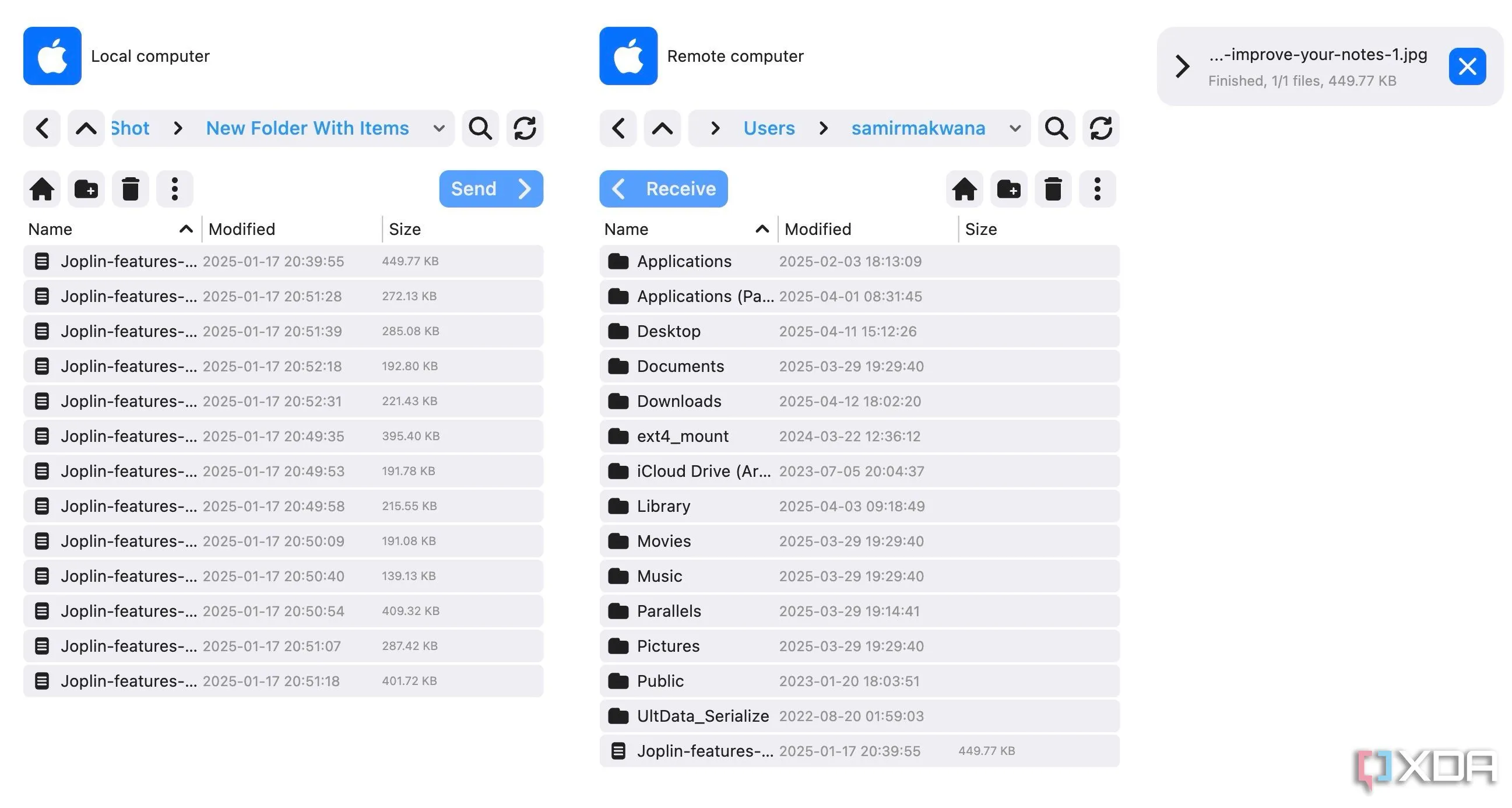 Tính năng truyền file trong RustDesk, ví dụ về khả năng chia sẻ dữ liệu giữa các máy tính từ xa