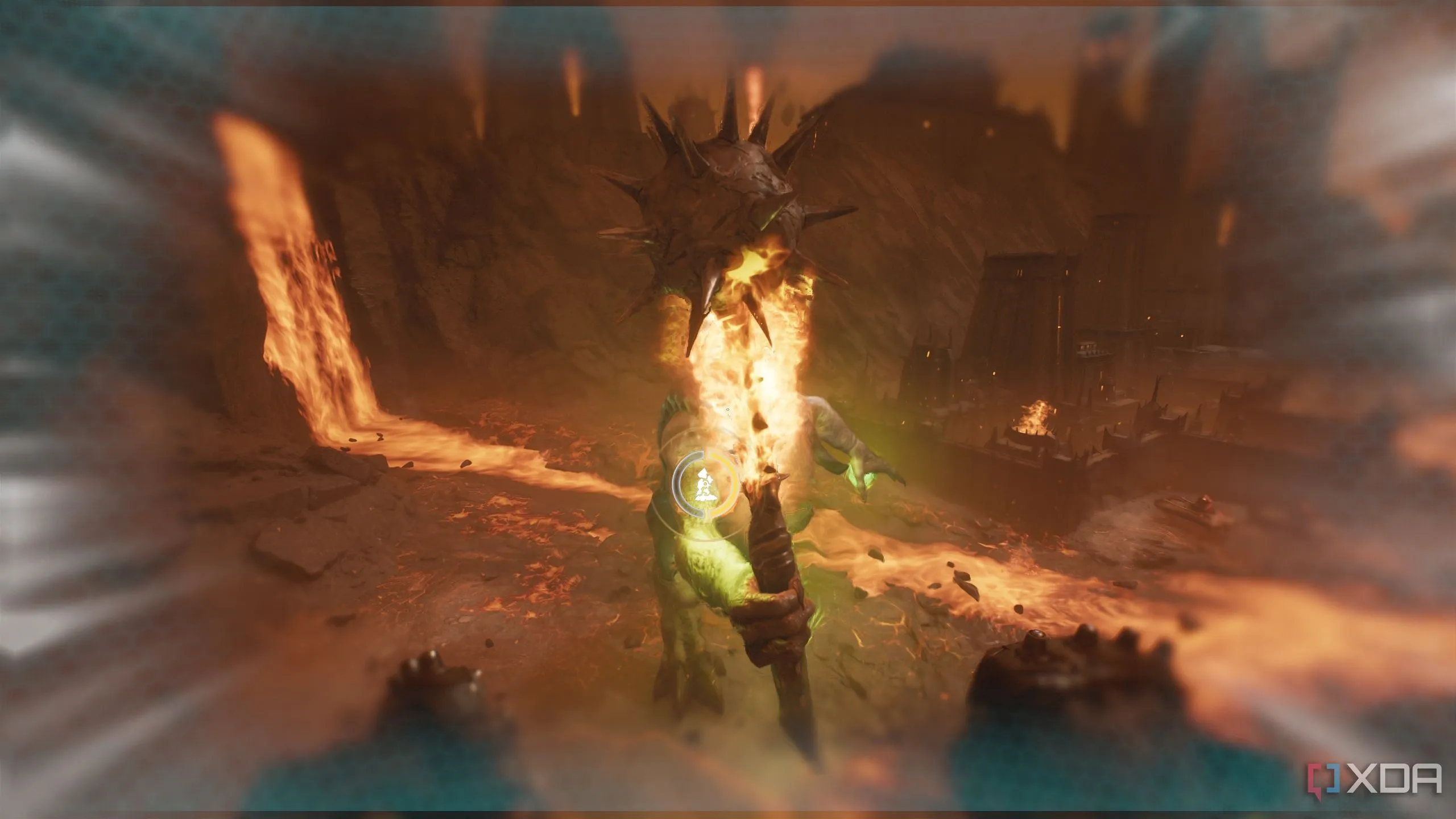 Titan thực hiện đòn tấn công có thể đỡ được trong Chapter 11 Doom The Dark Ages, cơ hội né tránh hoàn hảo