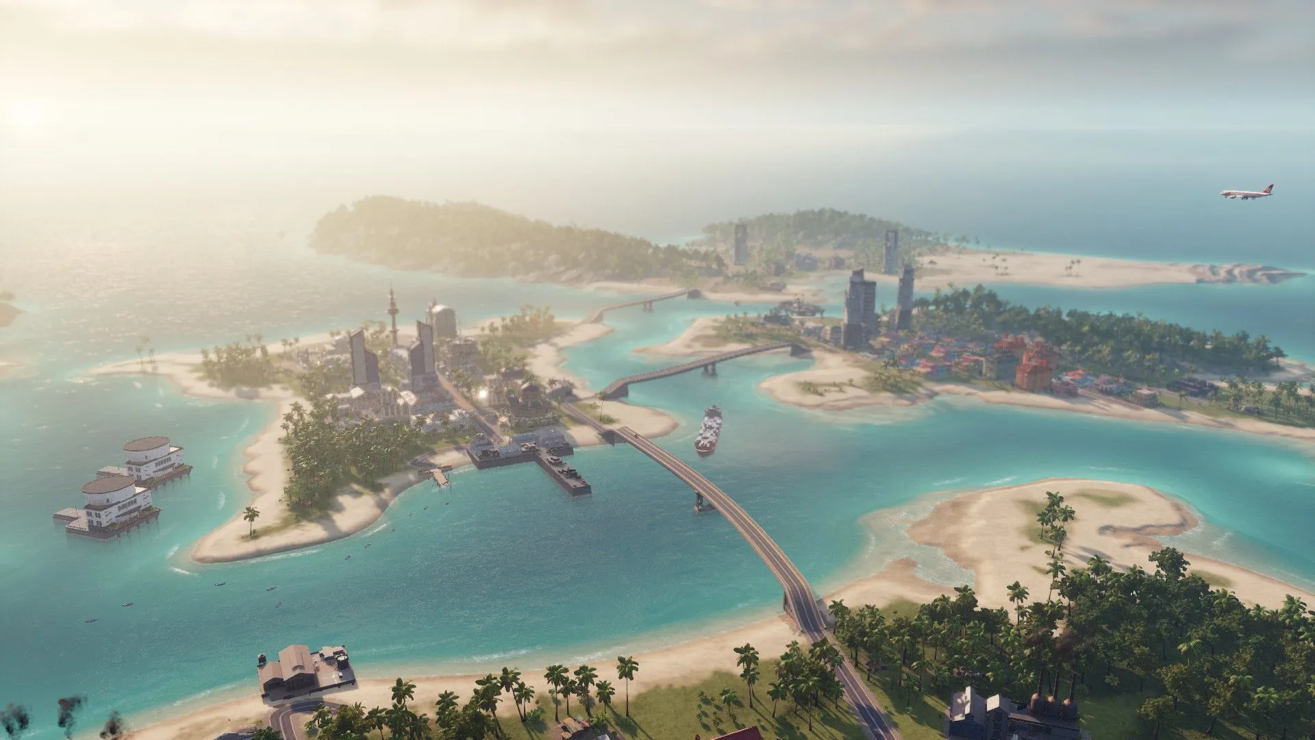Toàn cảnh thành phố của El Presidente trong Tropico 6 với nhà cửa và đường sá
