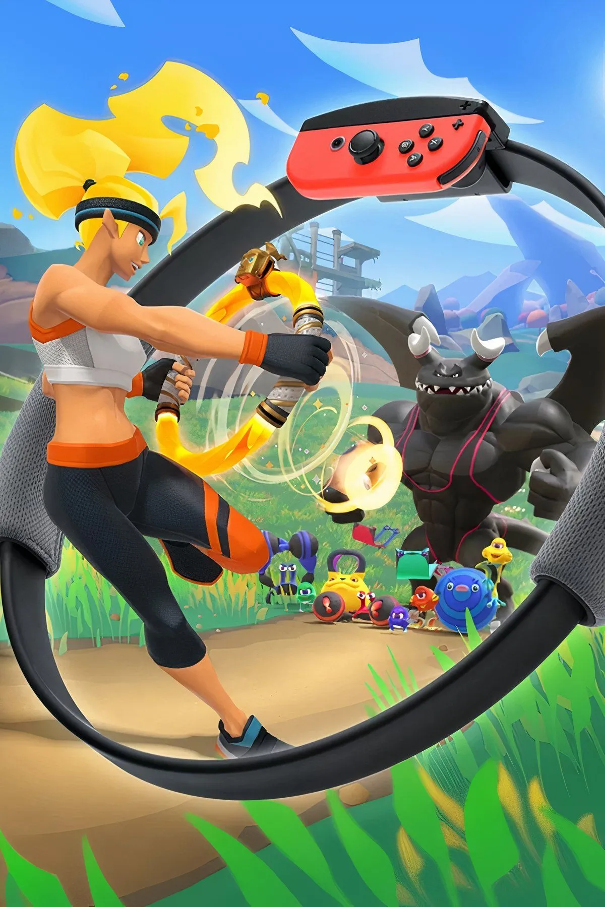 Tổng hợp hình ảnh từ game Ring Fit Adventure, giới thiệu vòng Ring-Con và dây đeo chân Joy-Con.