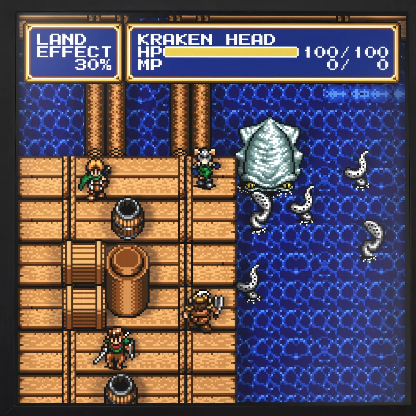 Trận chiến chiến thuật giữa các nhân vật và quái vật Kraken trong game RPG Shining Force 2 trên Sega Genesis, với đồ họa pixel cổ điển.
