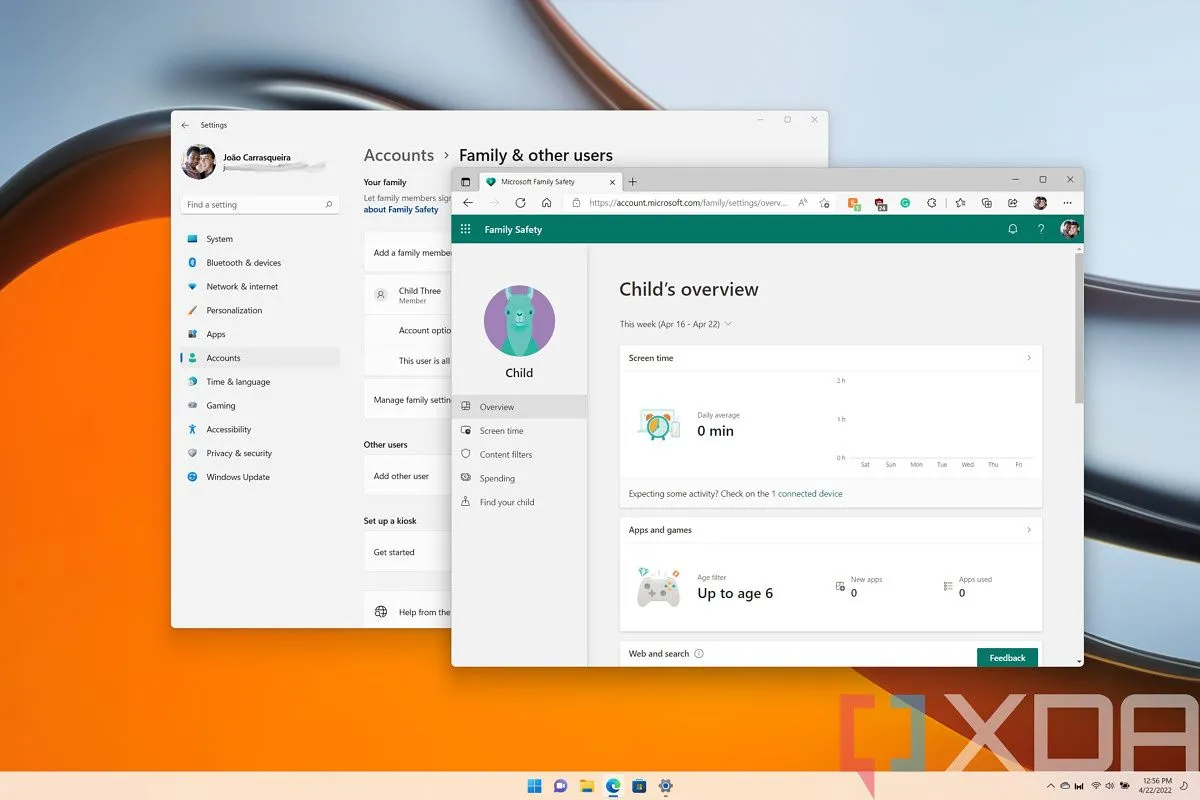 Trang cài đặt Microsoft Family trên Windows 11 hiển thị các tùy chọn kiểm soát phụ huynh và giới hạn tuổi.