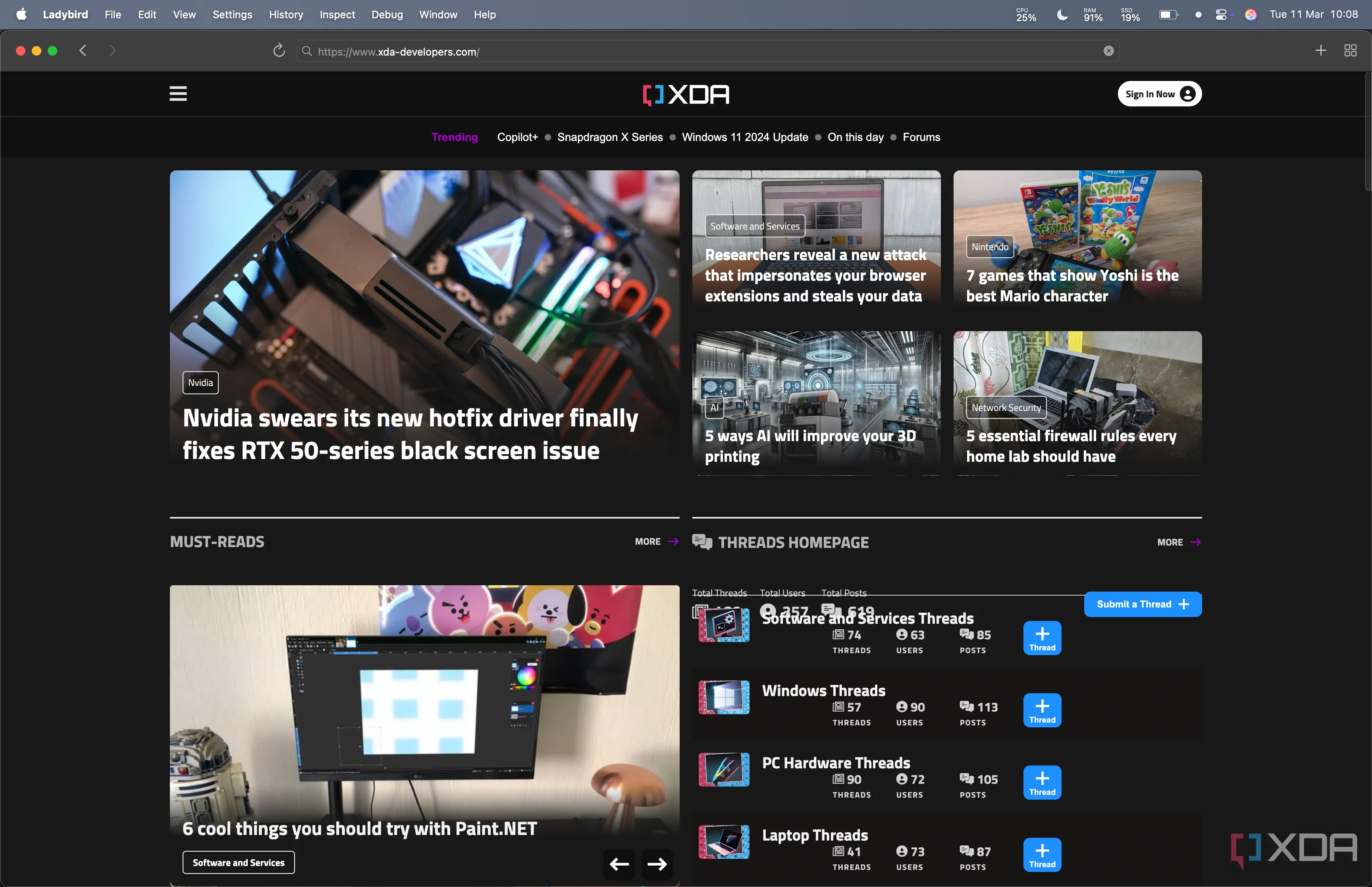 Trang chủ XDA Developers được hiển thị trên trình duyệt Ladybird