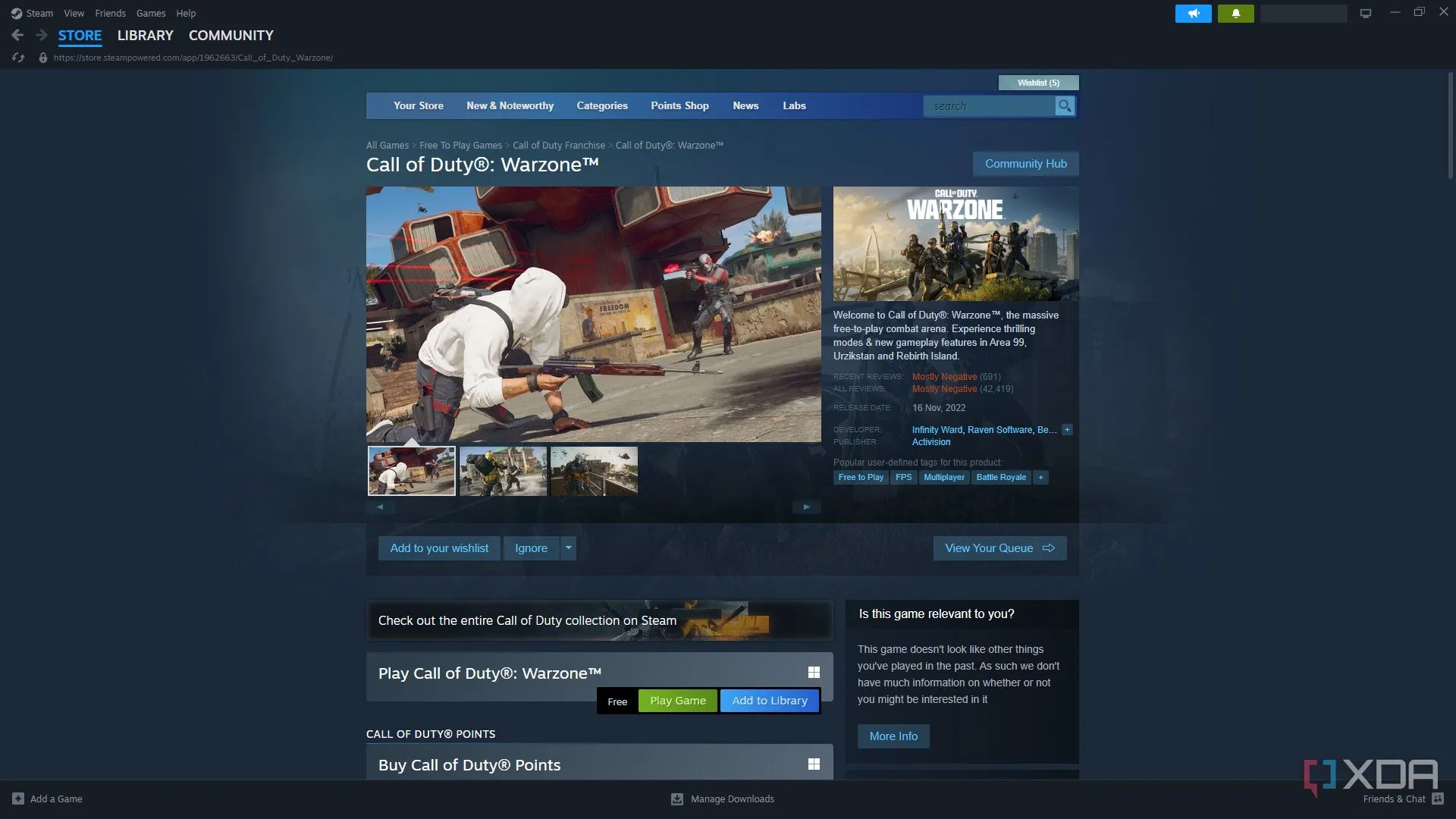 Trang game Call of Duty Warzone trên Steam, thể hiện khả năng quản lý game dung lượng lớn