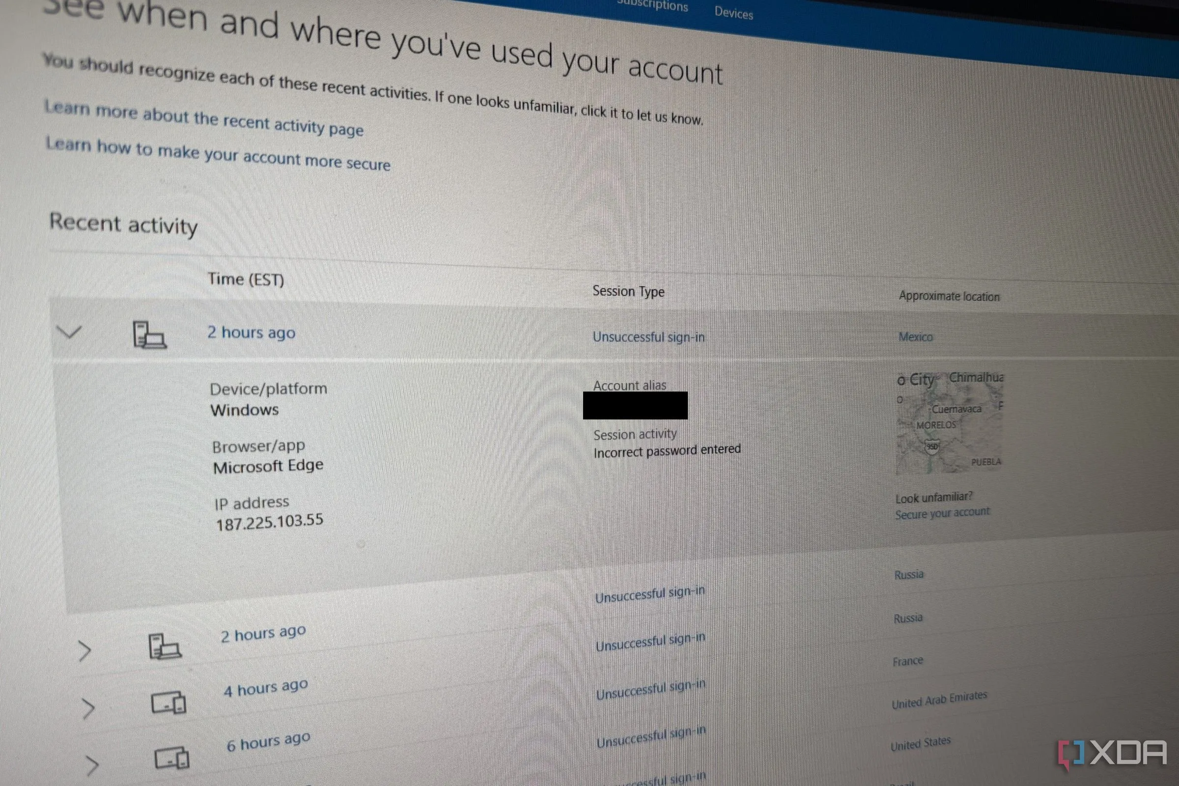 Trang hiển thị các lần đăng nhập không thành công vào tài khoản Microsoft