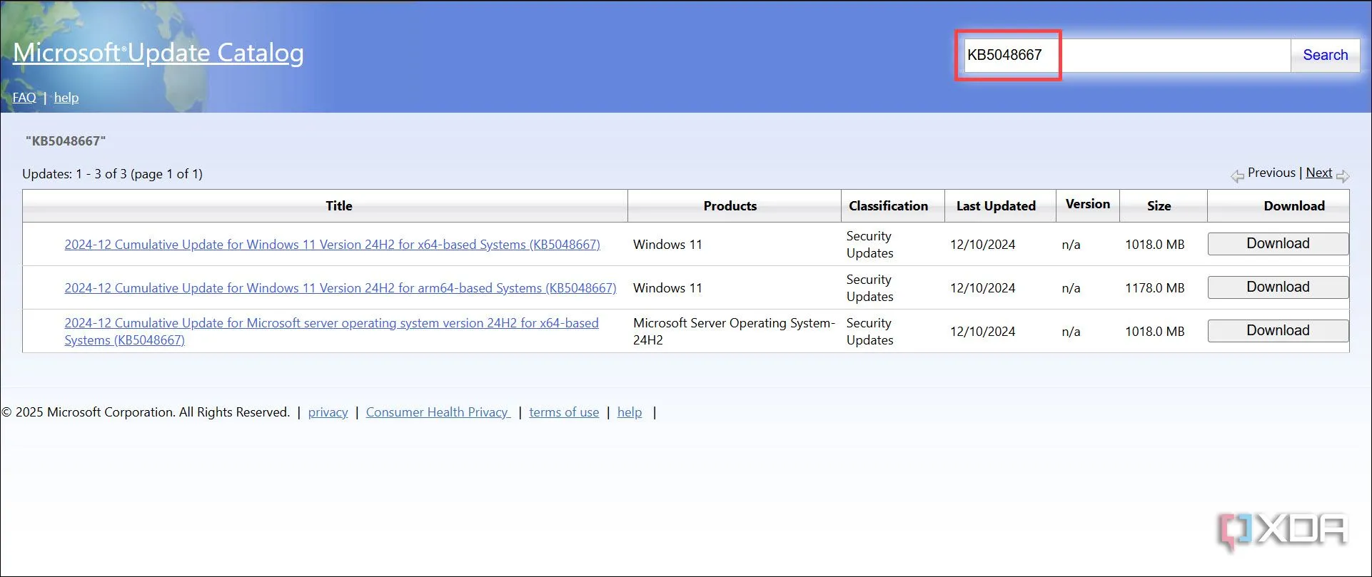 Trang Microsoft Update Catalog hiển thị kết quả tìm kiếm và nút tải xuống
