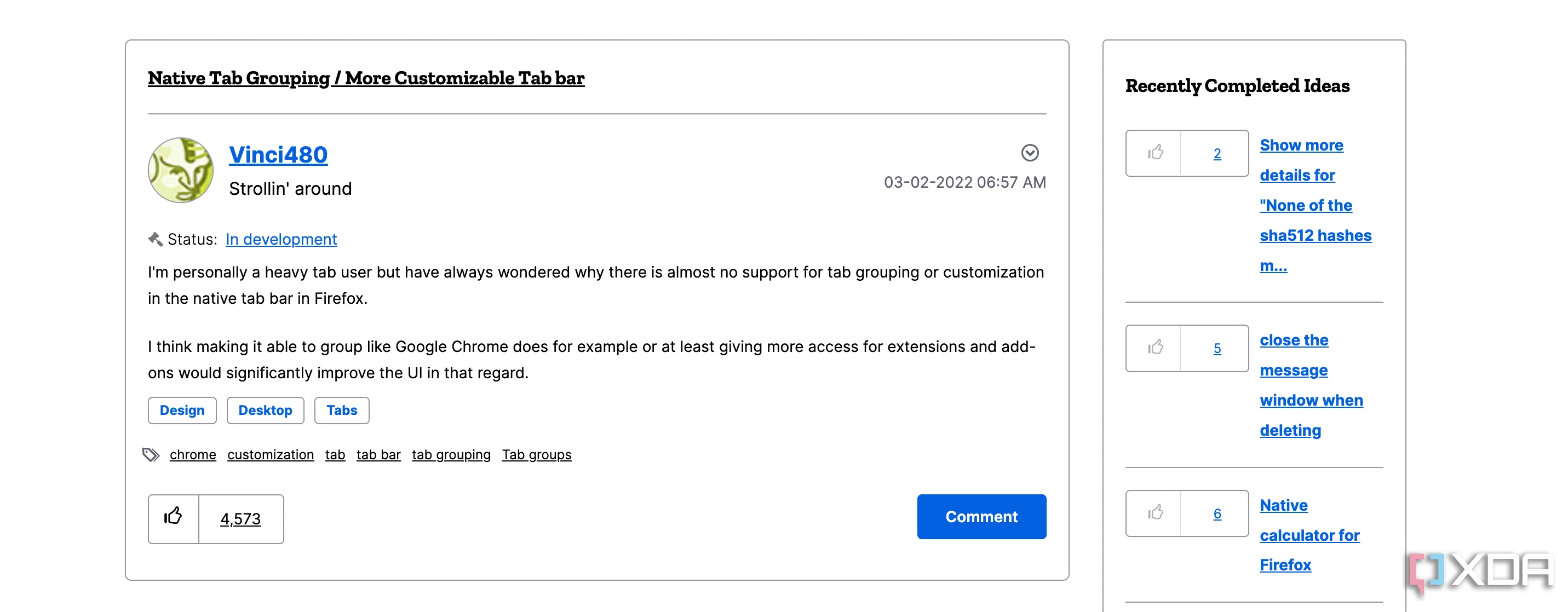 Trang Mozilla Connect hiển thị đề xuất tính năng nhóm tab gốc, với số phiếu ủng hộ cao kỷ lục từ cộng đồng người dùng Firefox.