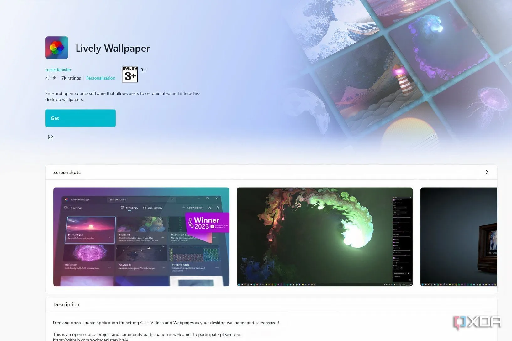 Trang tải xuống Lively Wallpaper trên Microsoft Store, thể hiện tính dễ tiếp cận của phần mềm mã nguồn mở miễn phí.