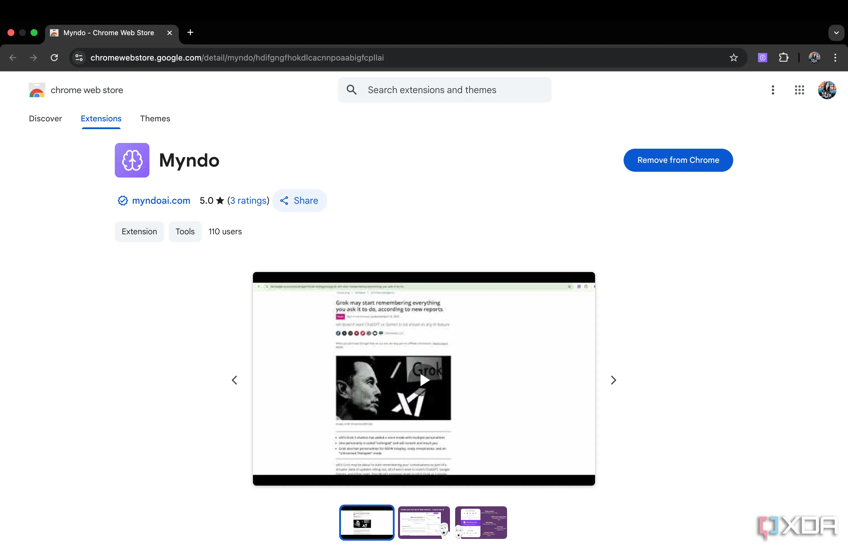 Trang tiện ích Myndo trên Chrome Web Store, hiển thị thông tin và nút cài đặt tiện ích.