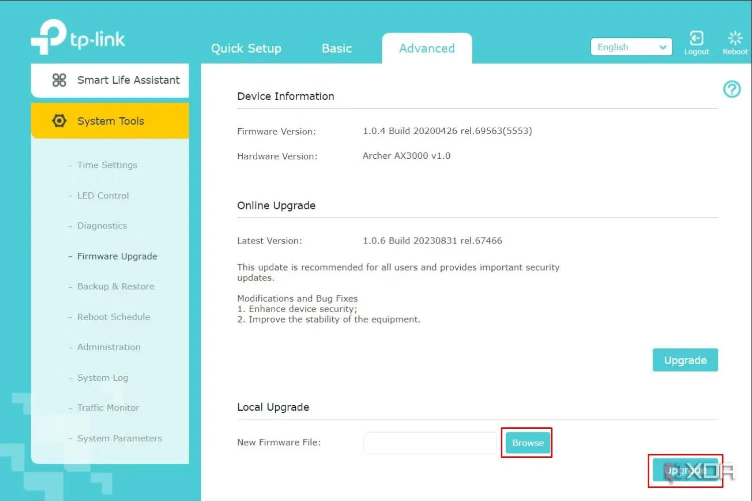 Trang web quản lý router TP-Link hiển thị tùy chọn nâng cấp Firmware