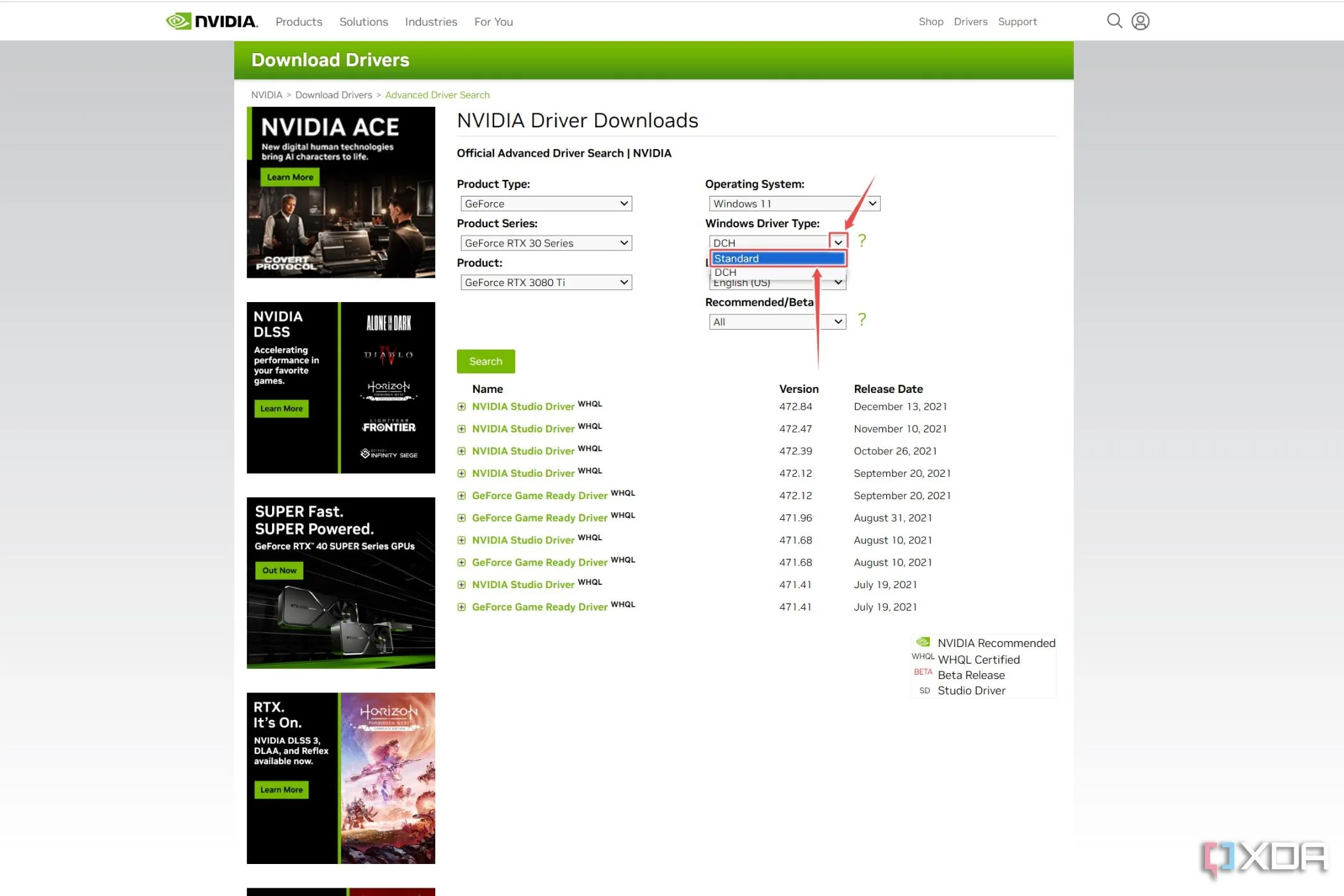 Trang web tải driver của Nvidia với tùy chọn Standard driver được tô sáng, hướng dẫn cập nhật trình điều khiển card đồ họa.