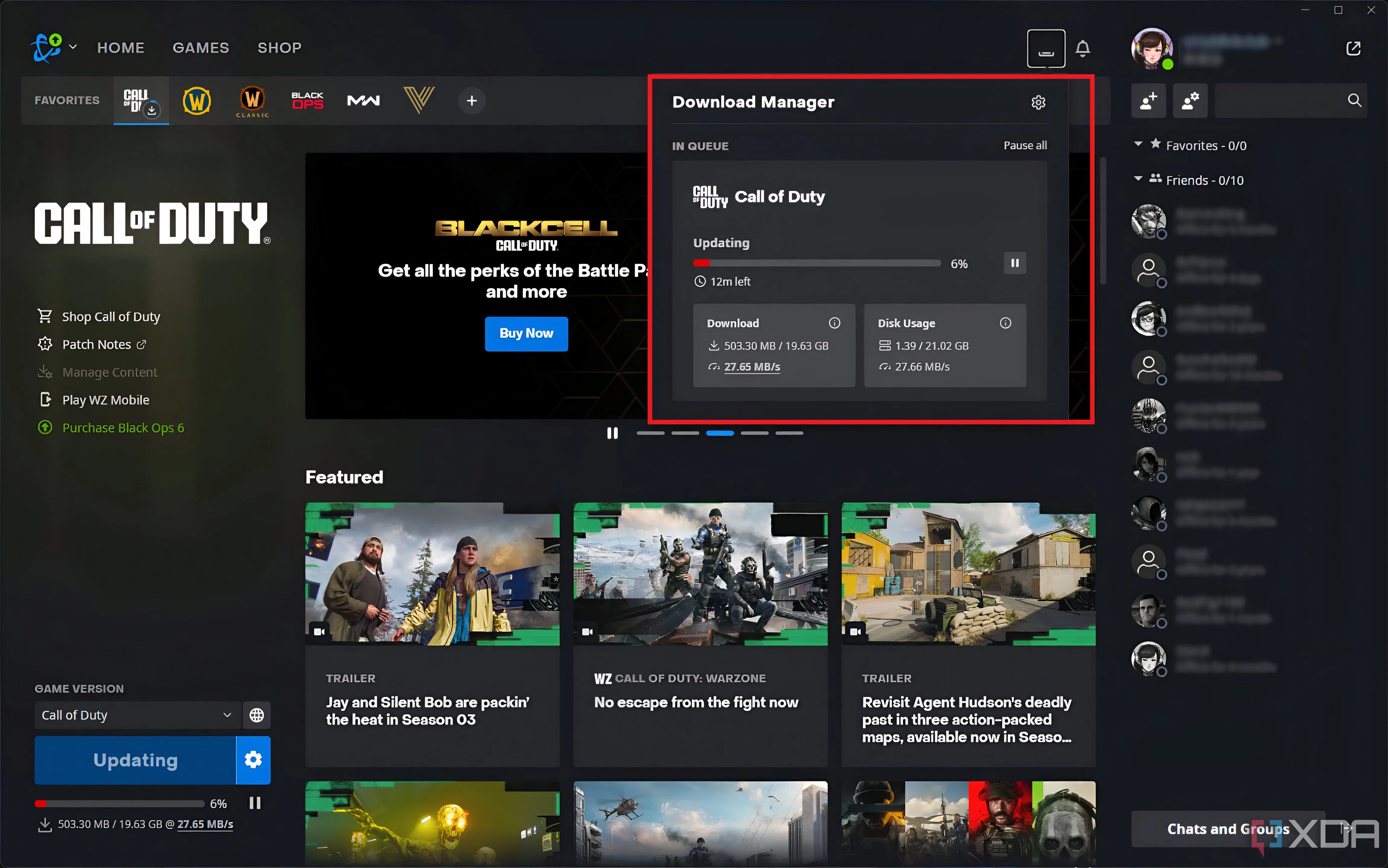 Trình cài đặt Battle.net hiển thị quá trình cập nhật Call of Duty: Modern Warfare, minh họa dung lượng lớn của các bản vá game