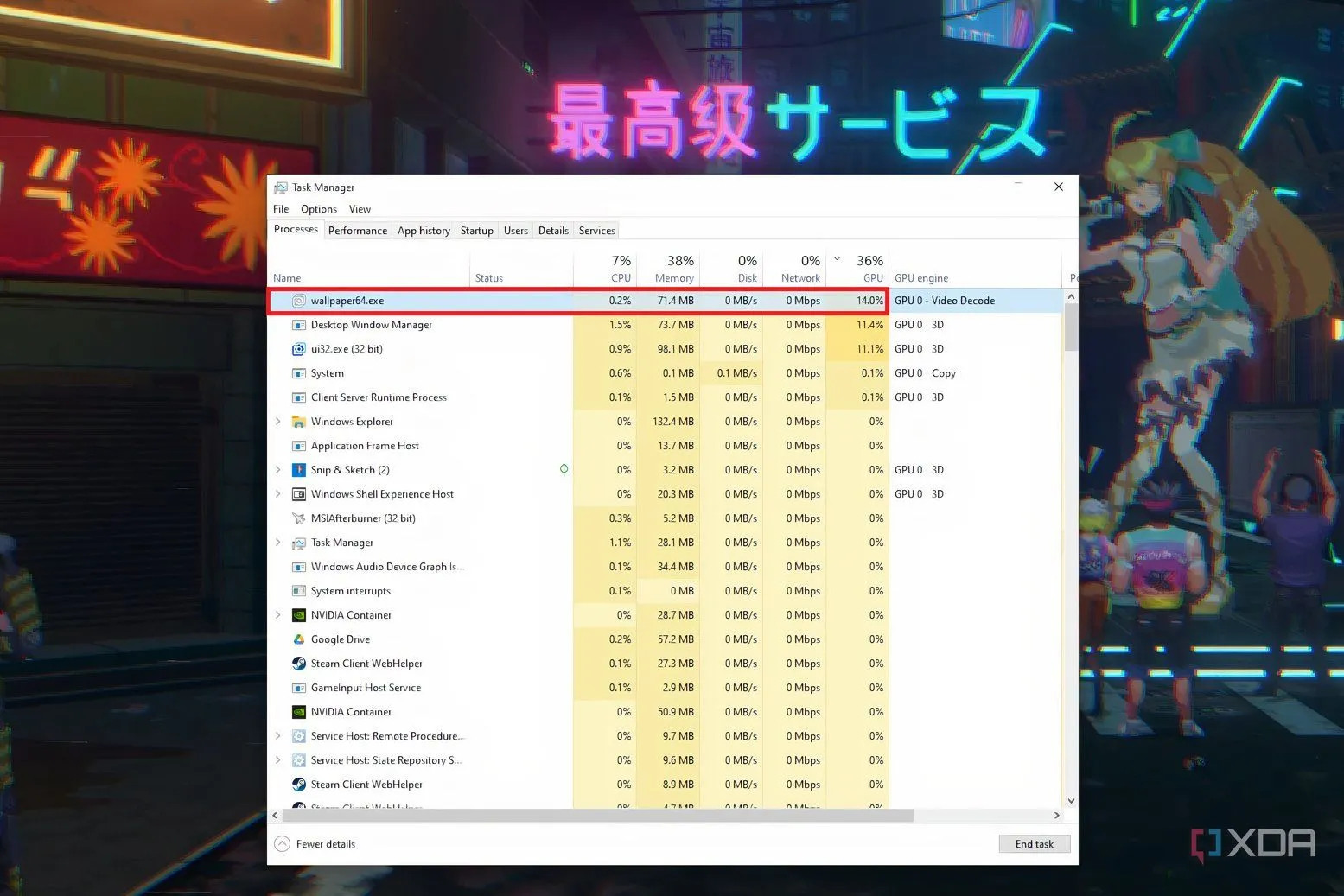 Trình quản lý tác vụ Task Manager hiển thị mức sử dụng GPU cao của ứng dụng Wallpaper Engine, minh họa vấn đề tiêu thụ tài nguyên.