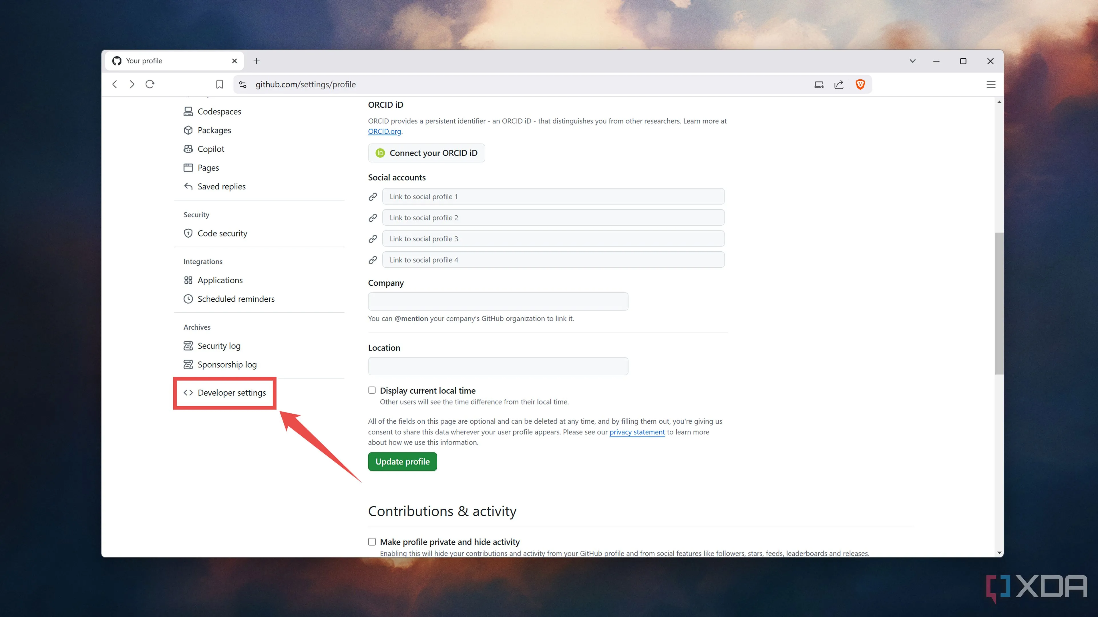 Truy cập Cài đặt nhà phát triển (Developer settings) trên GitHub