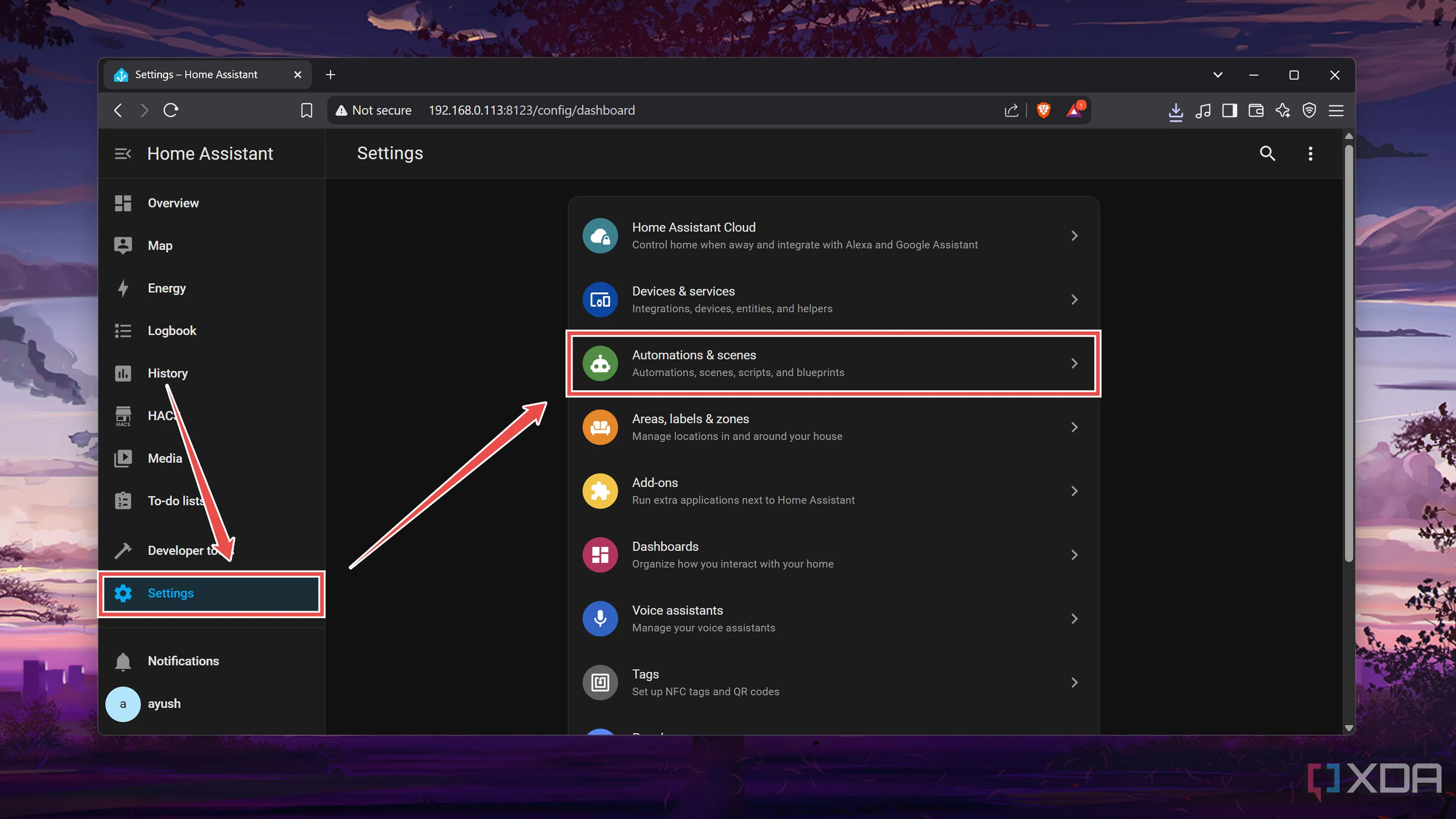 Truy cập tab Automations &amp; scenes trong cài đặt Home Assistant để quản lý tự động hóa