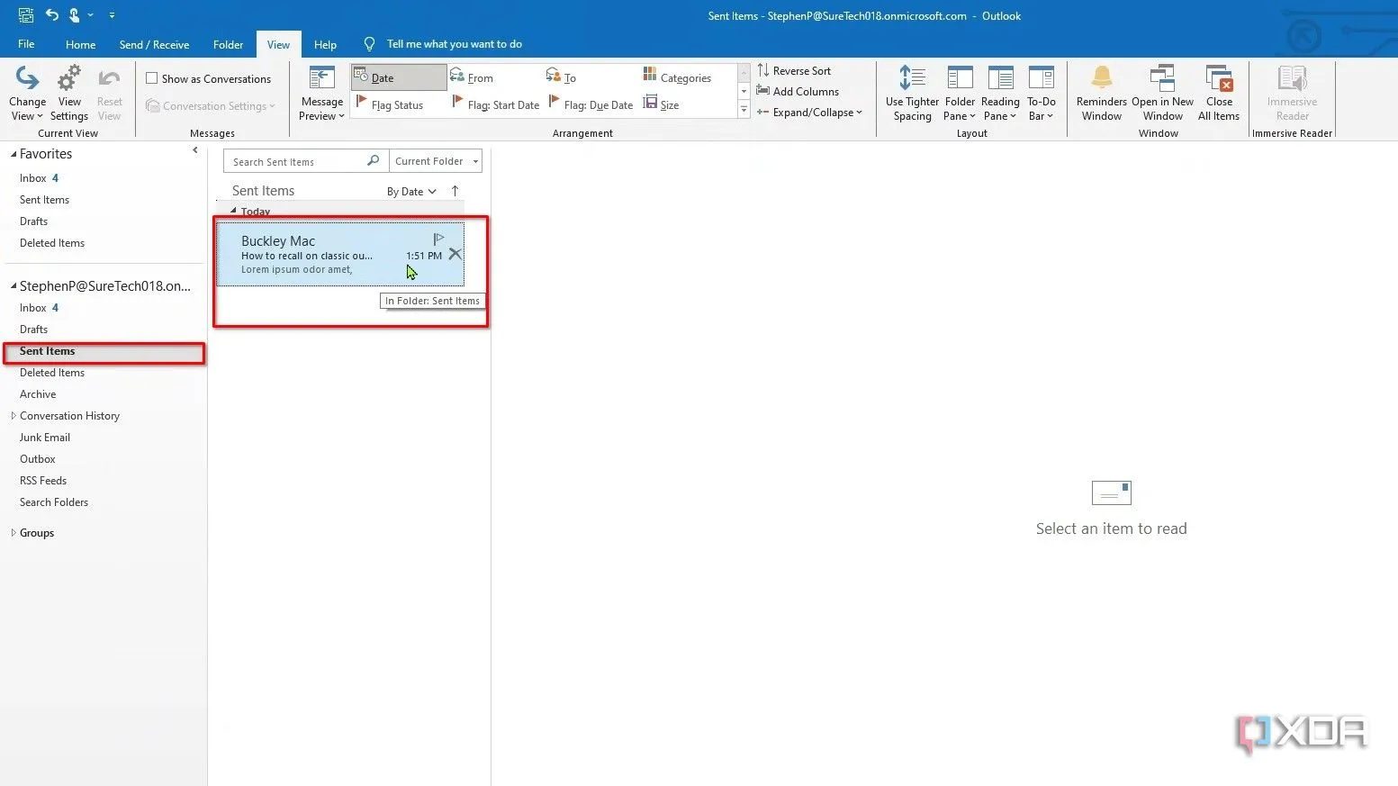 Truy cập thư mục &quot;Sent Items&quot; (Mục đã gửi) và nhấp đúp vào email cần thu hồi