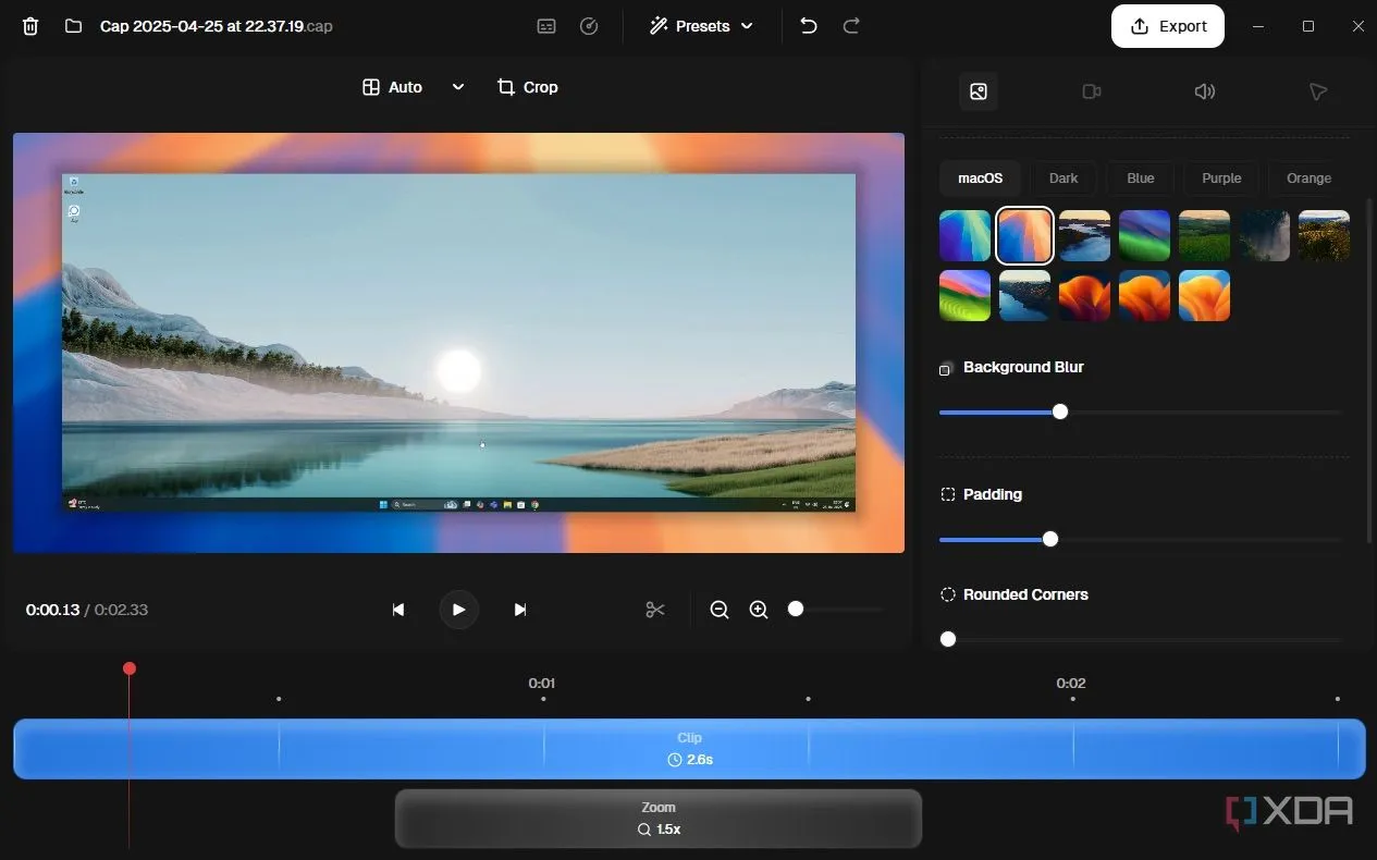 Tùy chỉnh hiệu ứng nền và bố cục cho video ghi màn hình trong Cap