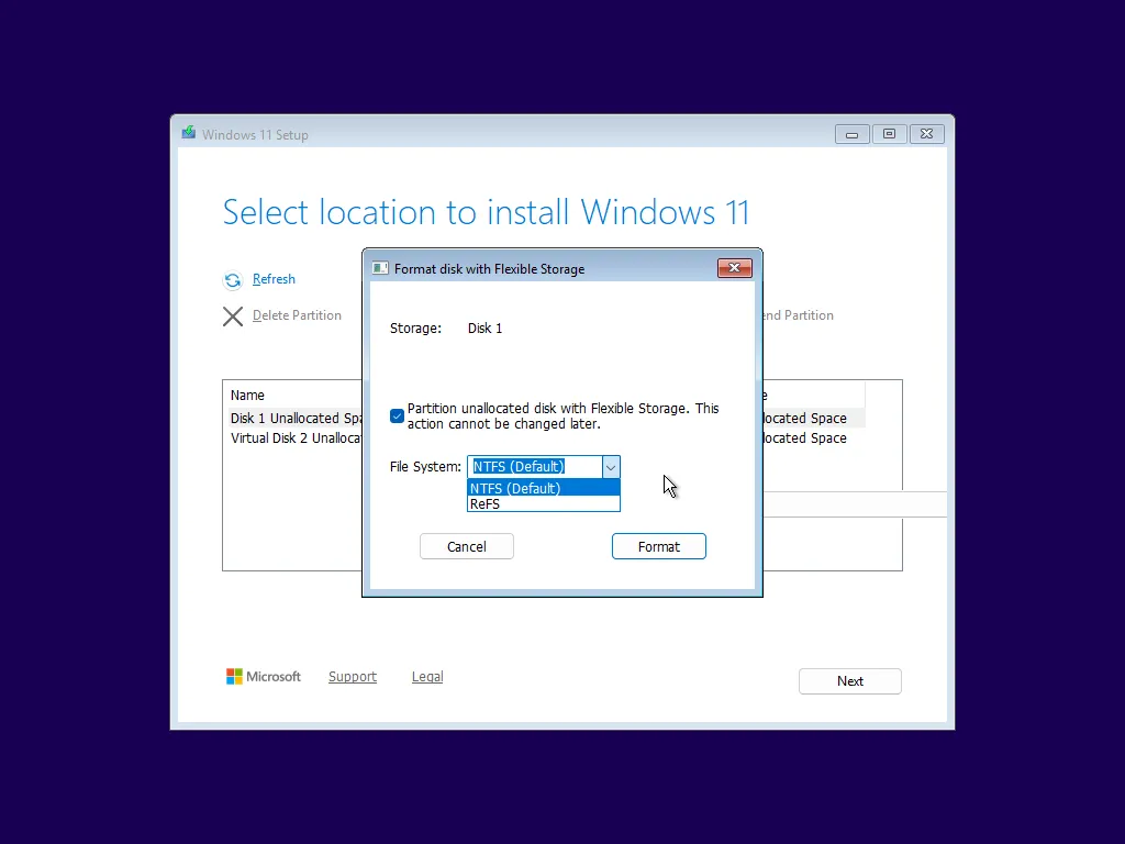Tùy chọn Flexible Storage hiển thị định dạng ReFS trong quá trình cài đặt sạch Windows 11 Insider
