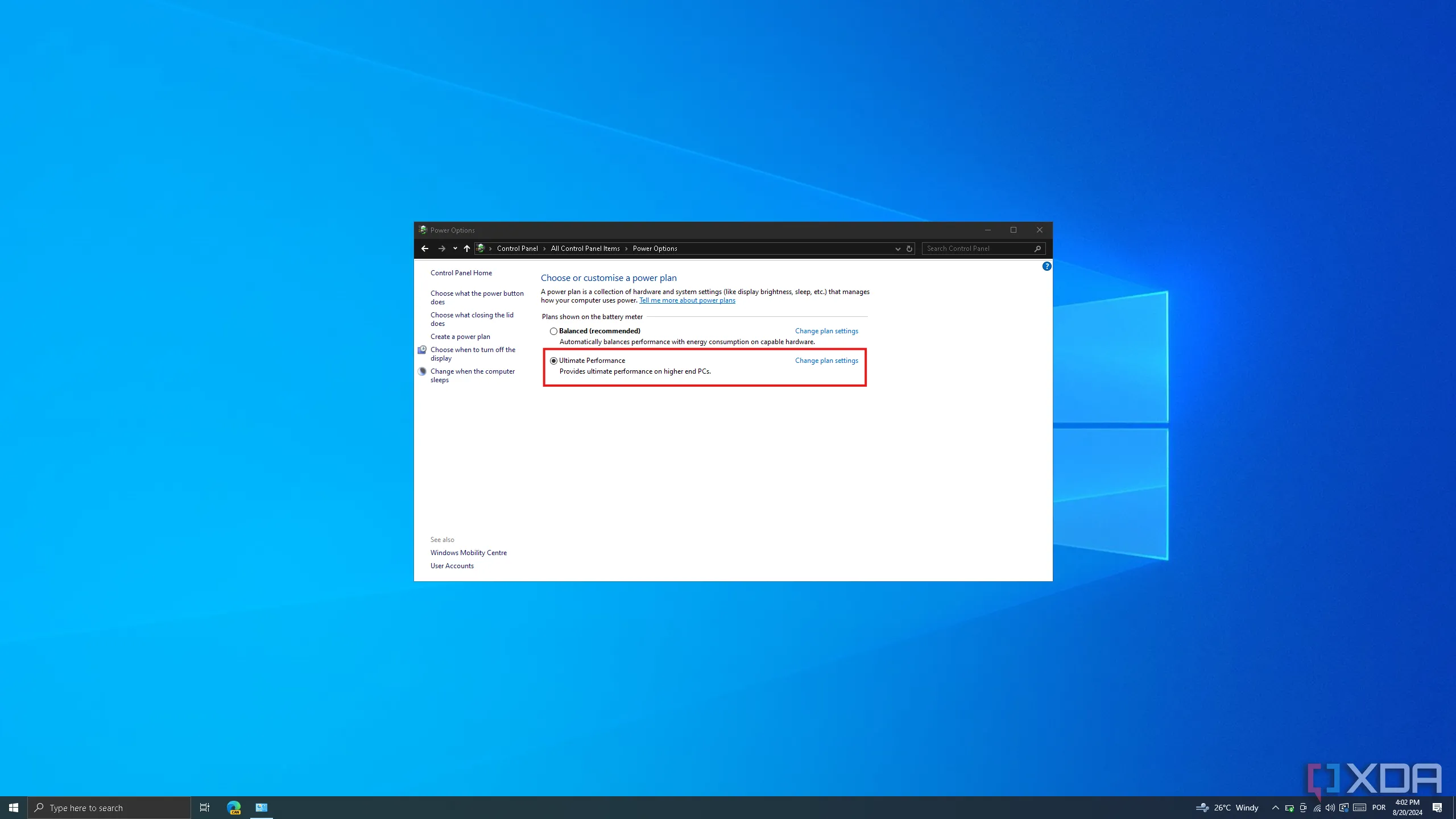Tùy chọn gói năng lượng trong Control Panel Windows 10