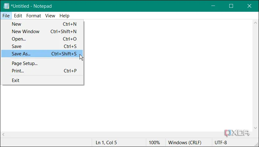Tùy chọn Lưu dưới dạng của Notepad trên Windows, minh họa tính năng cơ bản và hạn chế của phần mềm độc quyền