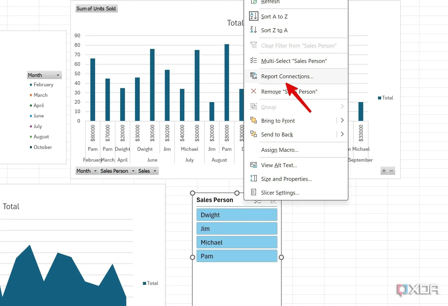 Tùy chọn Report Connections để liên kết Slicer với các biểu đồ PivotChart khác trong Excel