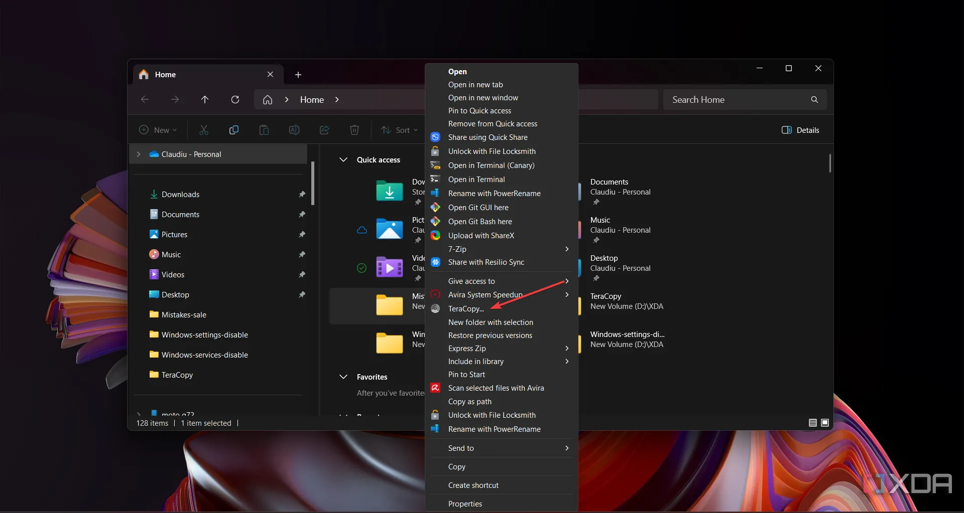 Tùy chọn TeraCopy hiển thị trong menu ngữ cảnh chuột phải của File Explorer trên Windows