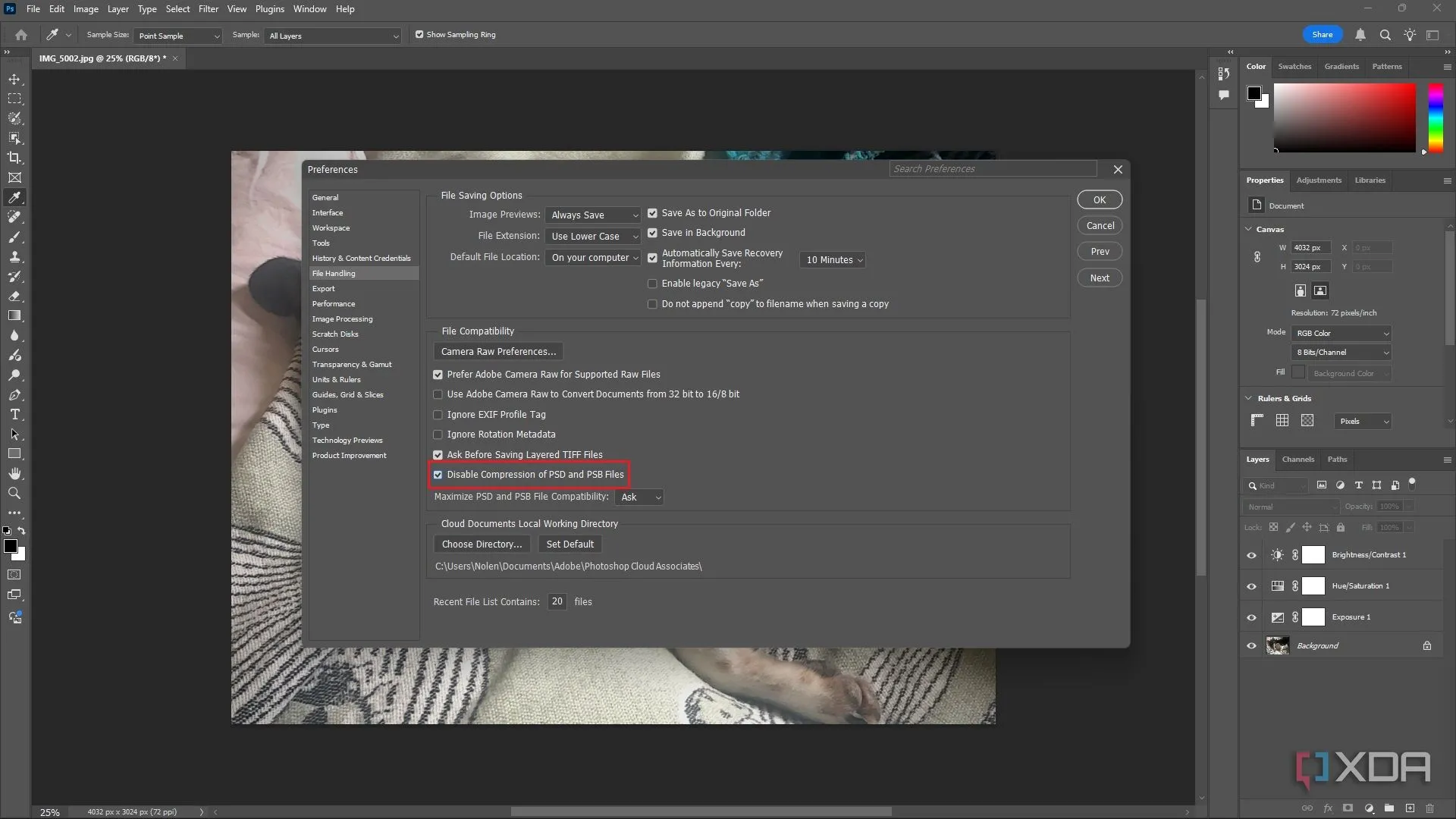 Tùy chọn tương thích tệp trong Photoshop, cho phép tắt tính năng nén cho các tệp PSD và PSB
