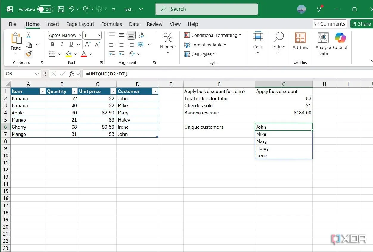 Ứng dụng hàm UNIQUE trong Excel để lọc và hiển thị danh sách tên khách hàng không trùng lặp.