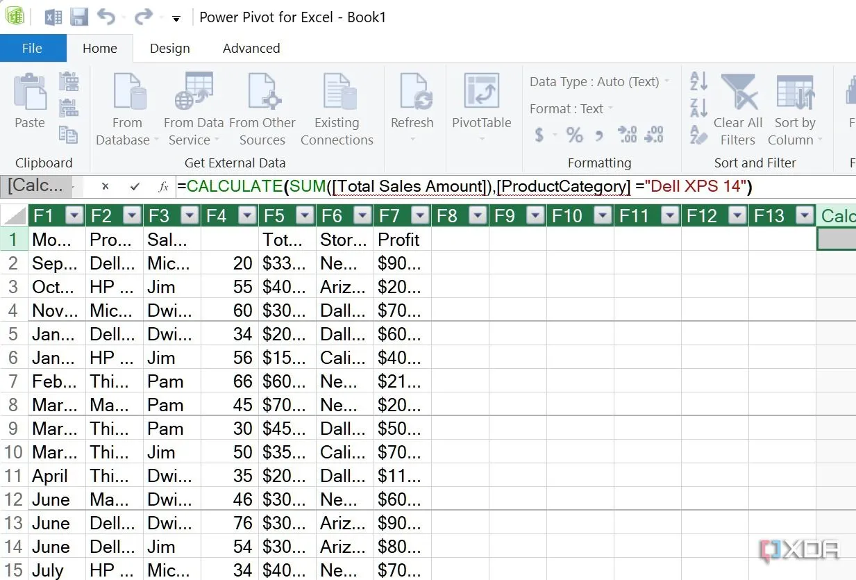 Ví dụ công thức DAX đang được áp dụng để tính toán trong Power Pivot