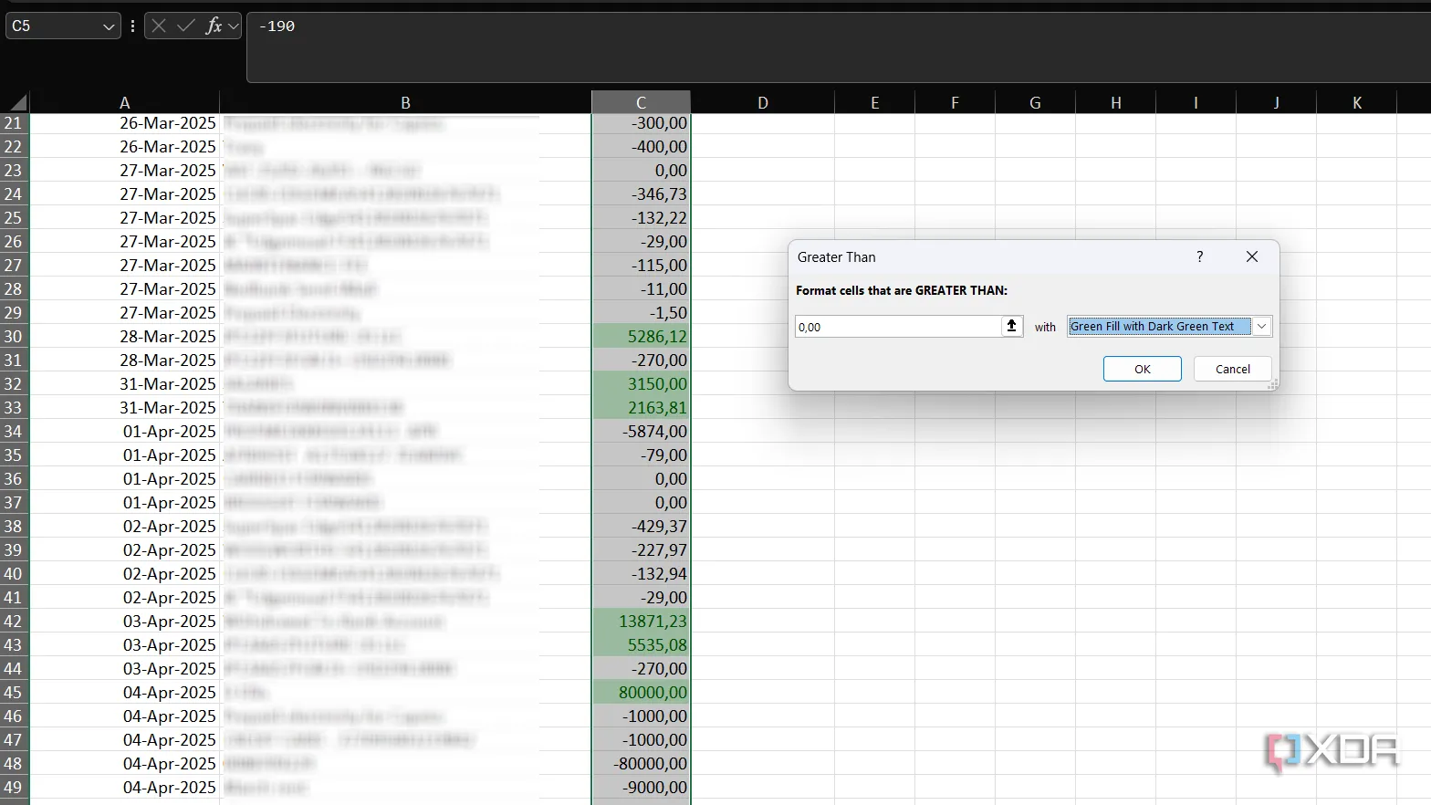 Ví dụ định dạng có điều kiện Greater Than trong Excel để làm nổi bật dữ liệu thu nhập