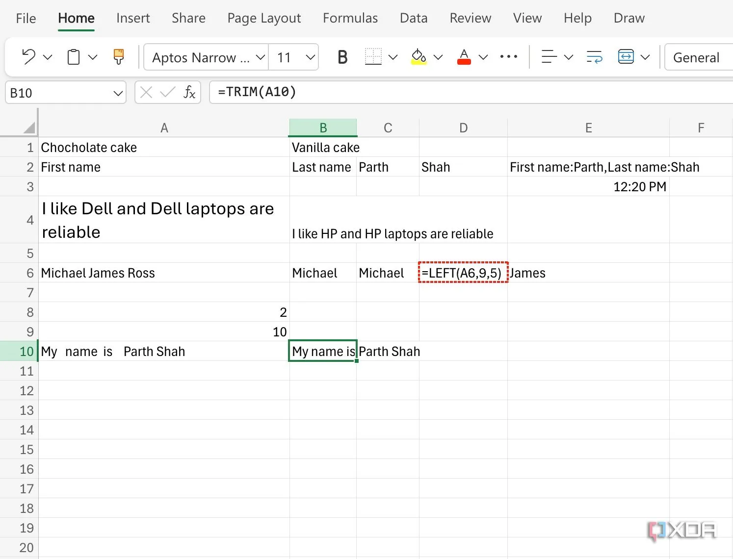 Ví dụ về việc sử dụng hàm TRIM trong Excel để làm sạch dữ liệu