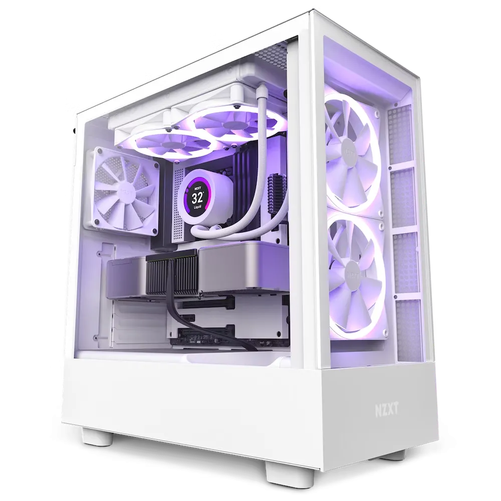 Vỏ case NZXT H5 Elite màu trắng với mặt kính cường lực và thiết kế hiện đại, trưng bày linh kiện PC bên trong.