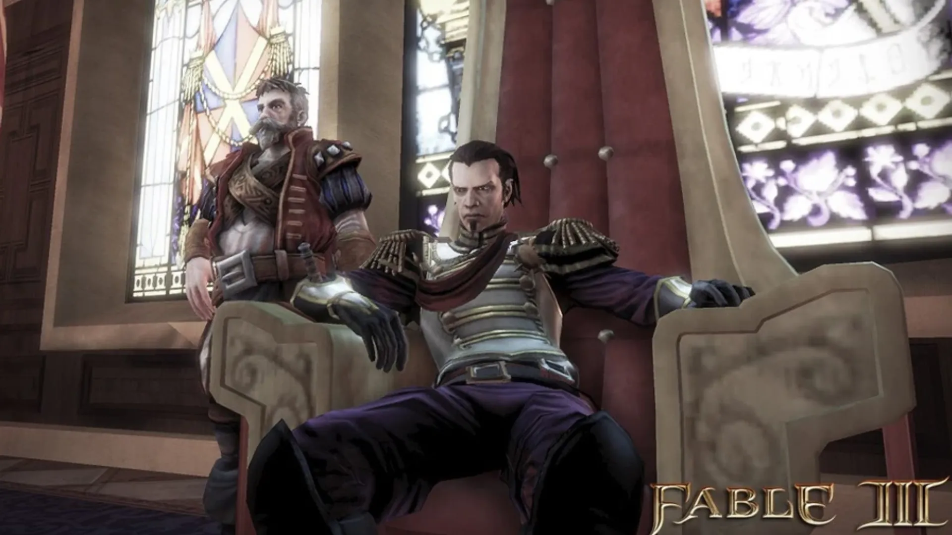 Vua Logan độc tài ngồi trên ngai vàng của Albion trong Fable III
