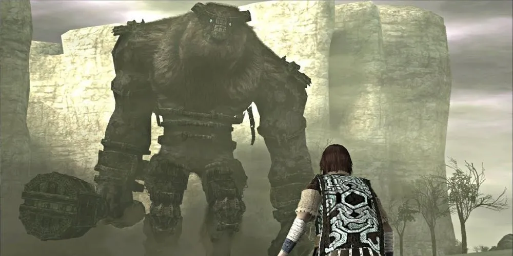 Wander đối mặt với Colossus Valus, một trong những con boss khổng lồ trong Shadow of the Colossus