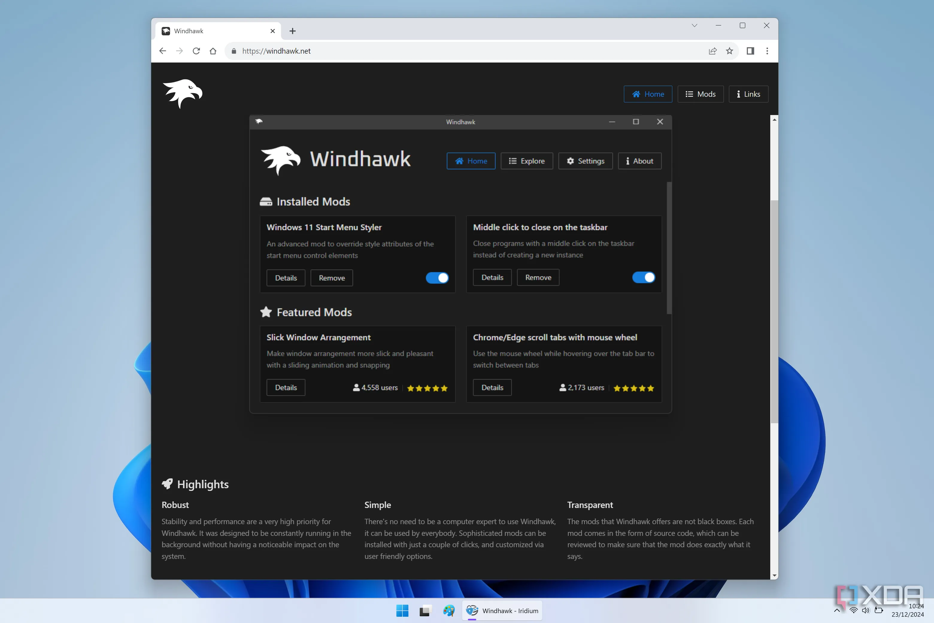 Windhawk: Giao diện trang chủ và các tính năng nổi bật của nền tảng tùy biến Windows 11 miễn phí