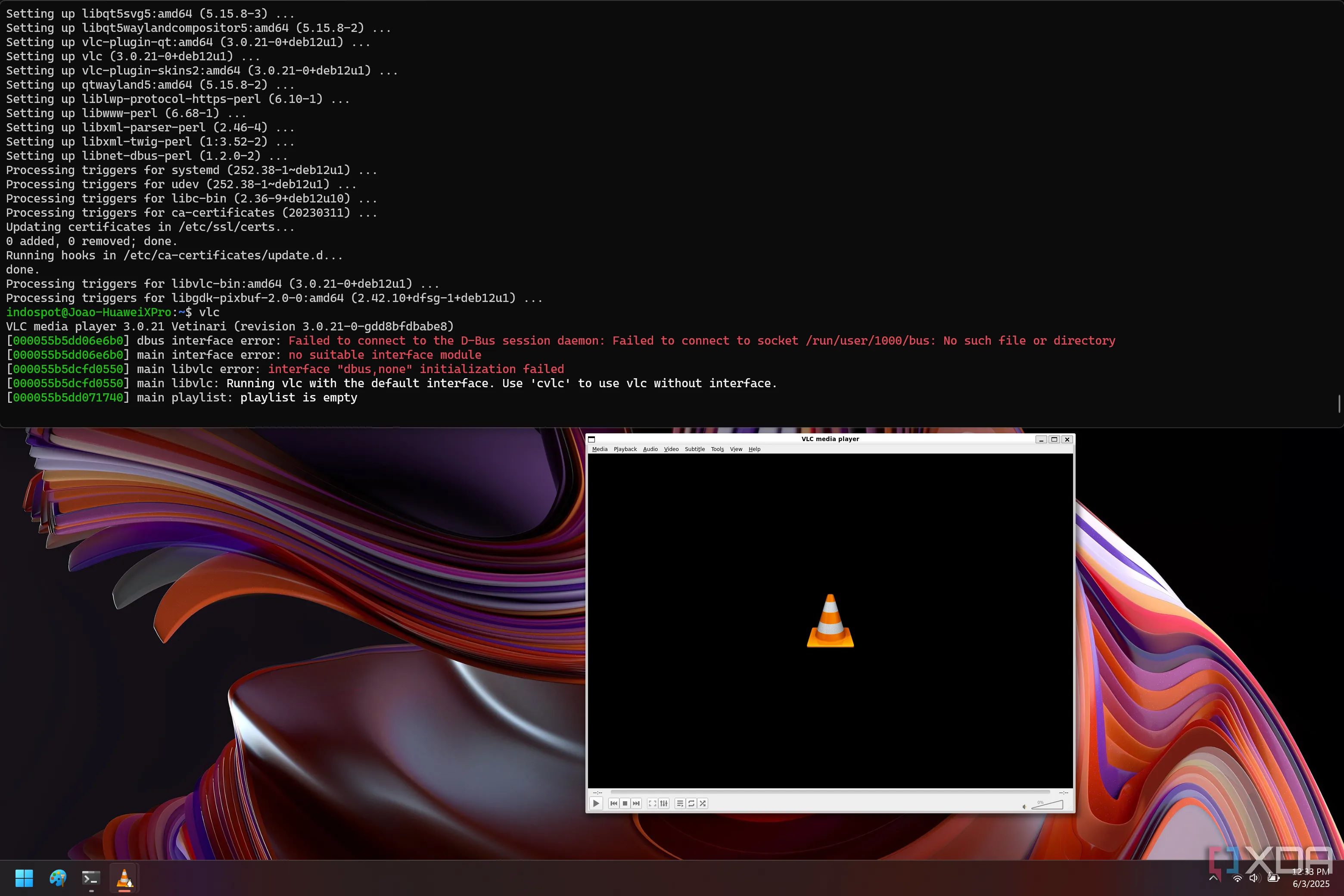 Windows Terminal ở chế độ Quake với Debian WSL chạy lệnh mở VLC, cửa sổ ghim trên màn hình