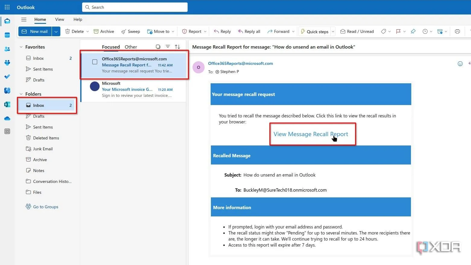 Xem trạng thái thu hồi email trong hộp thư đến Outlook để biết kết quả