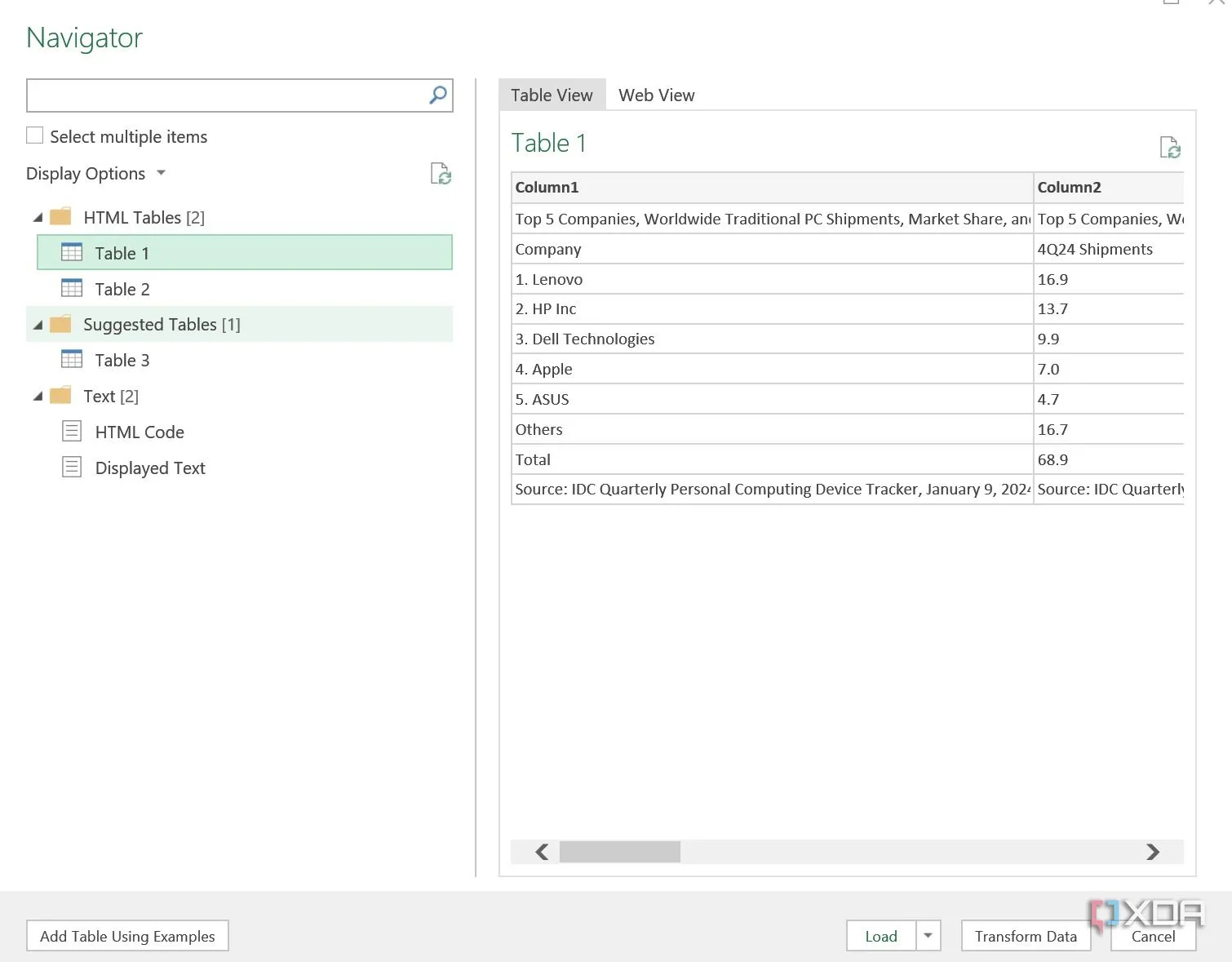 Xem trước các bảng dữ liệu được Excel gợi ý từ trang web đã nhập