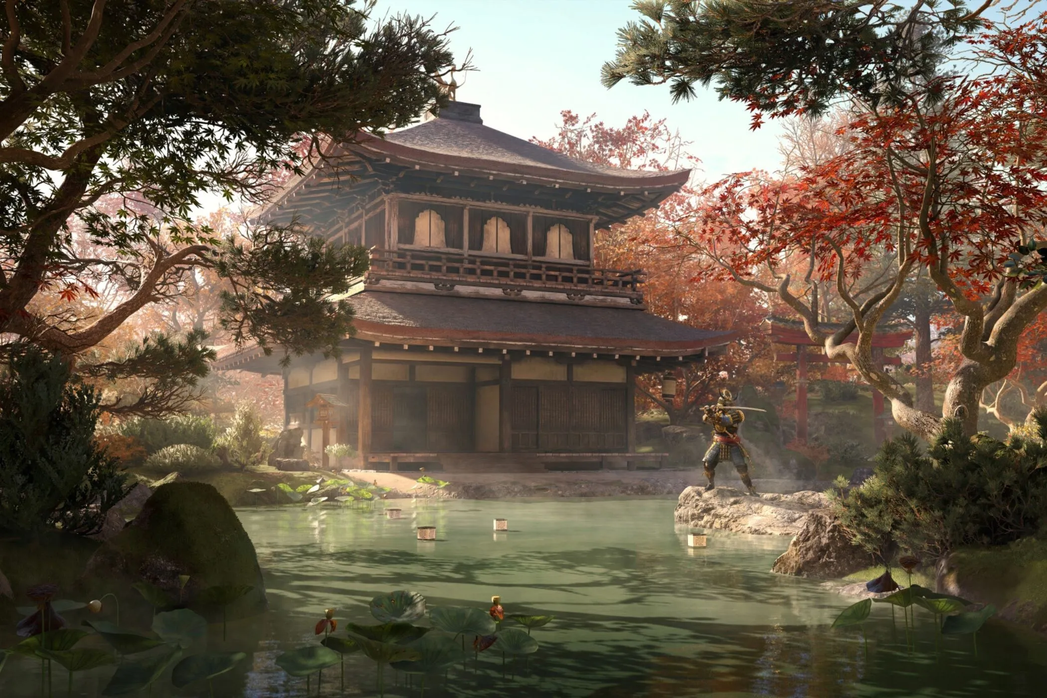 Yasuke, Samurai mạnh mẽ trong Assassin's Creed Shadows, đứng uy nghiêm tại một ngôi đền Nhật Bản cổ kính, biểu tượng cho sức mạnh và sự bền vững của căn cứ